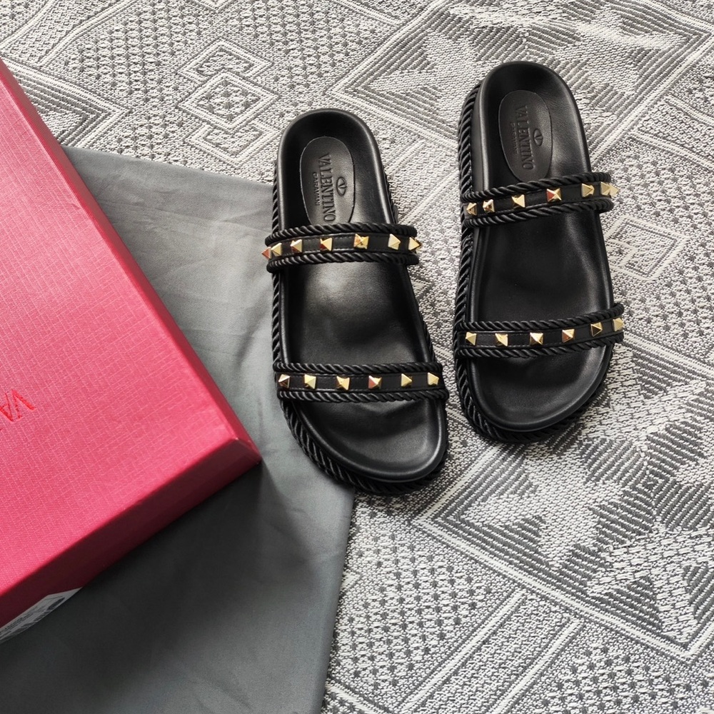 Valentino Garavani Black Leather Rockstud Double-Strap Slides with Gold Studs